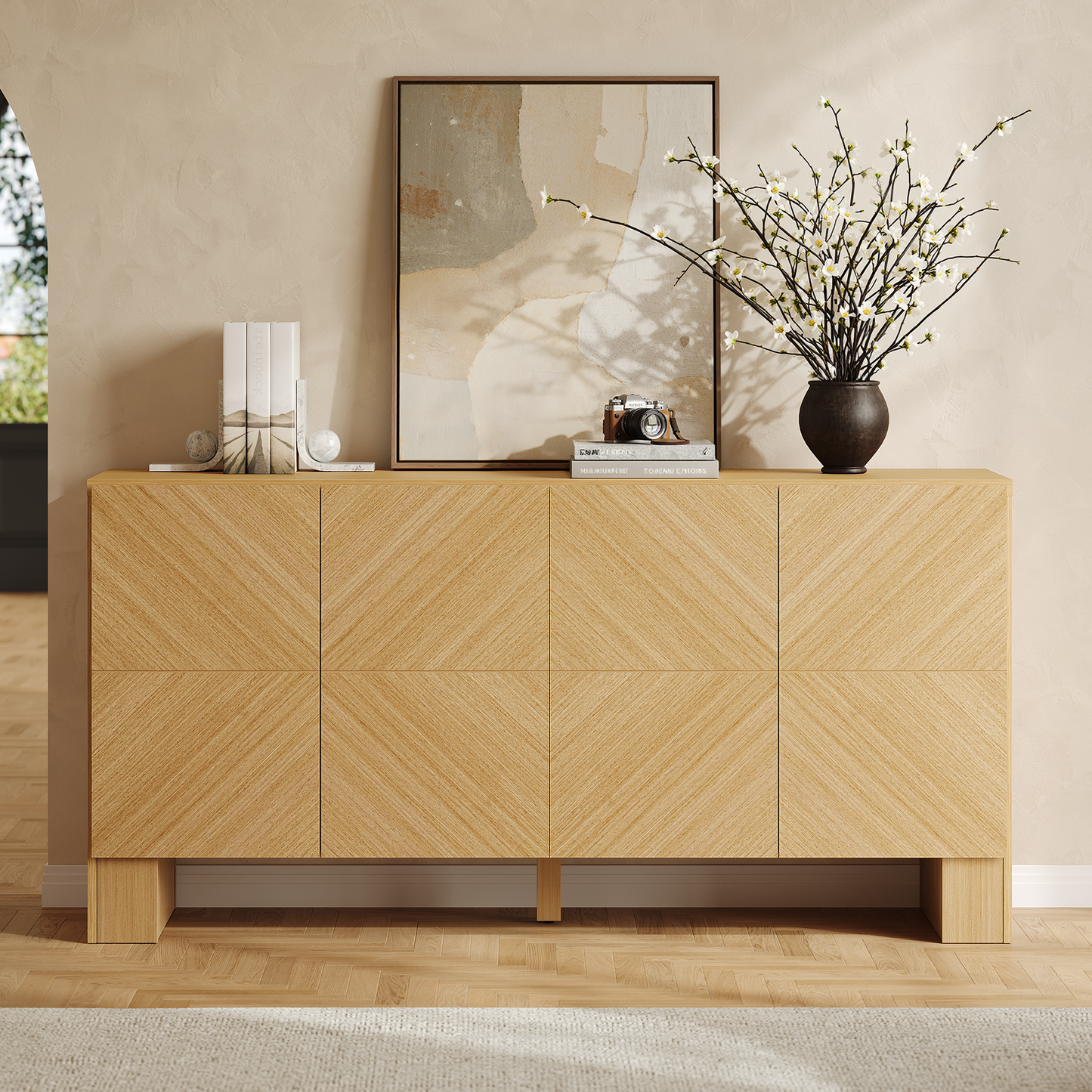 Galileo 63" Sideboard Buffet Cabinet with 4 Doors, Large Credenza Sideboard, Natural Oak