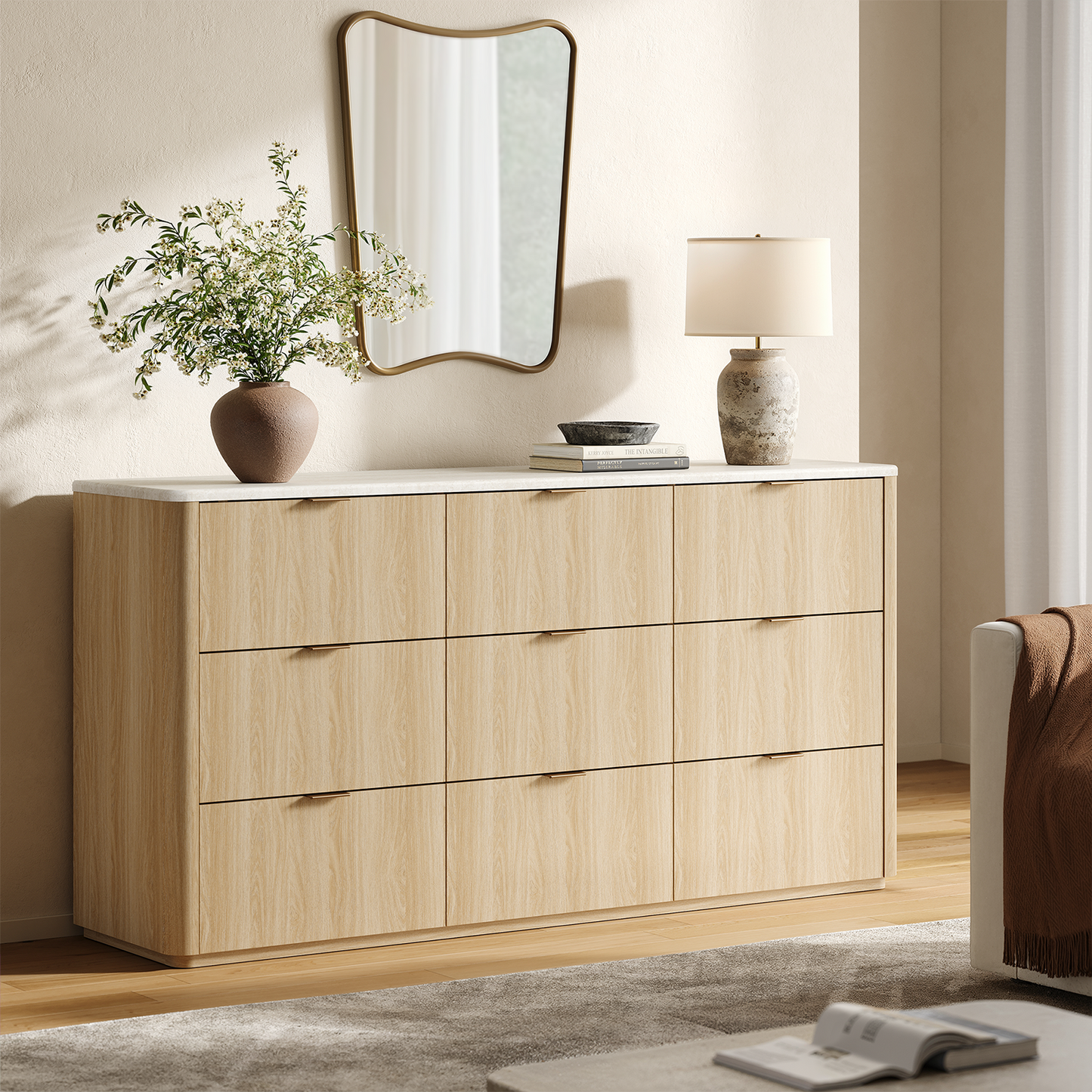 Travertine Fluted 9-Drawer Dresser, Natural