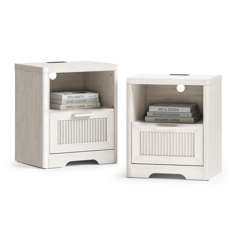 Two compact pale wood bedside cabinets, one gray-toned and one white, shown side by side