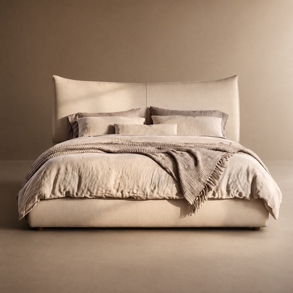 Beige Channel Tufted Upholstered Bed, Queen, Faux Leather Headboard