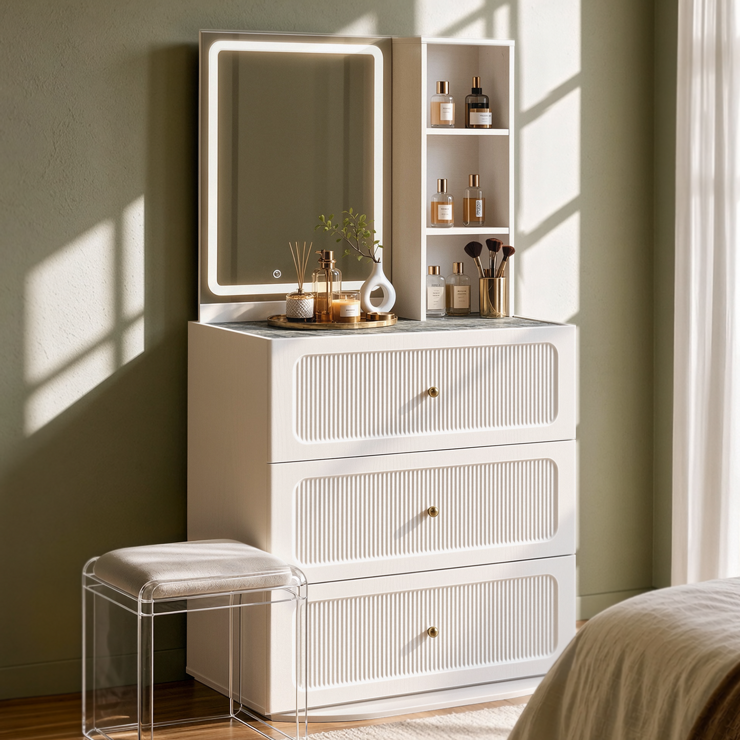 FlexMod 31.5" Modular Fluted 3-Drawer Vanity Dresser with 3-Color LED Mirror & Side Shelves