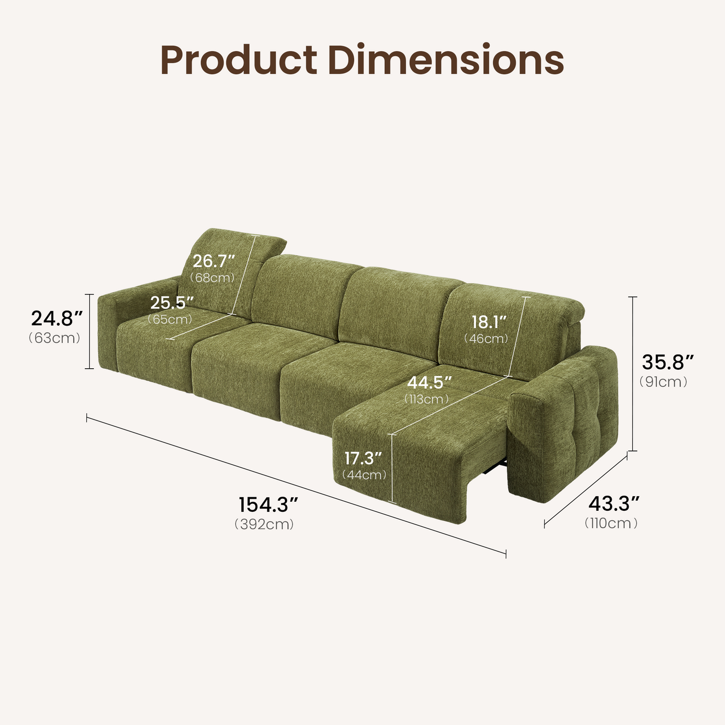 154" Power Reclining 4-Seat Sectional Sofa with Independent Headrest & Footrest – 4-Seat Modular Sofa