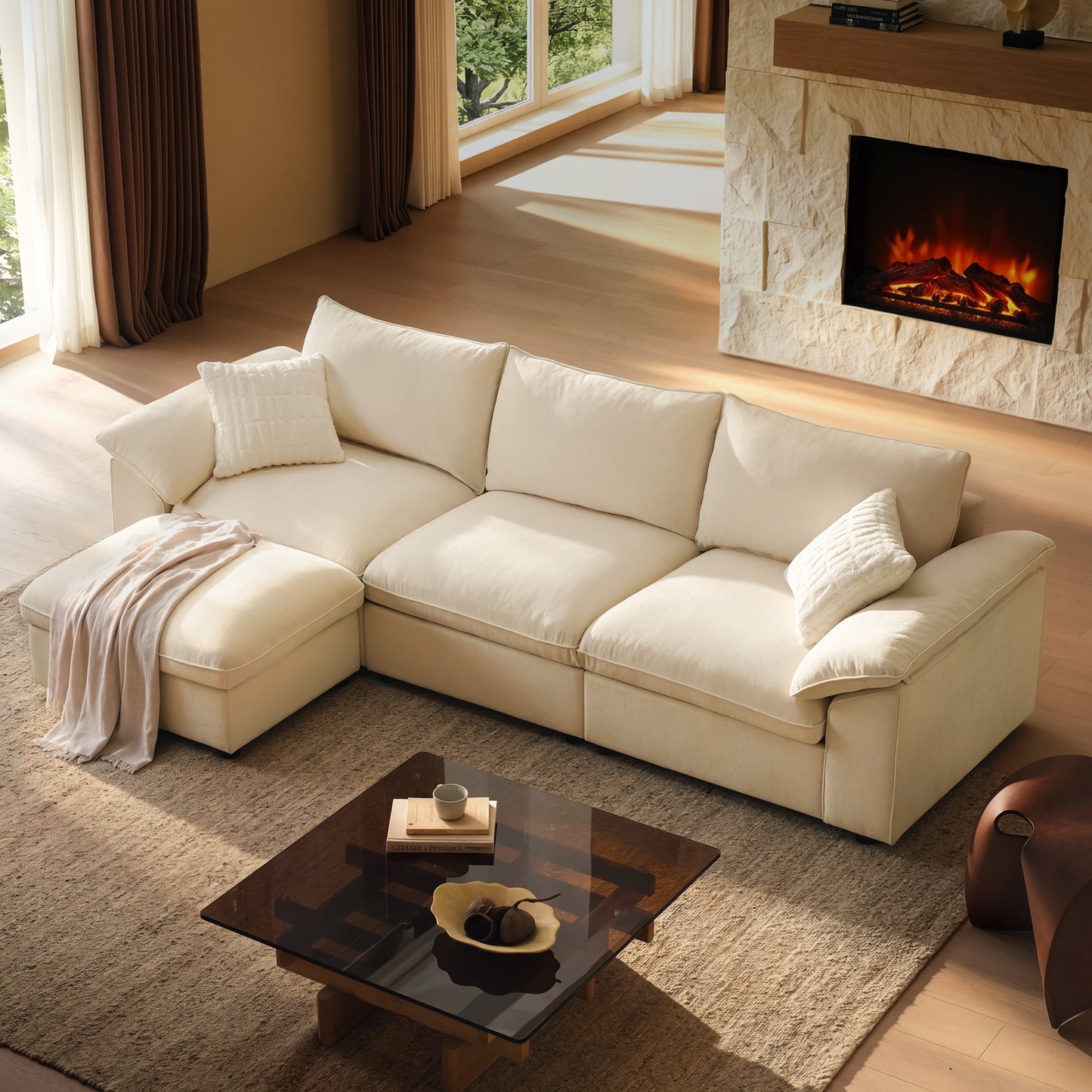 Dreamboat Modular Chenille L-Shape Sofa with Storage Ottoman,Beige