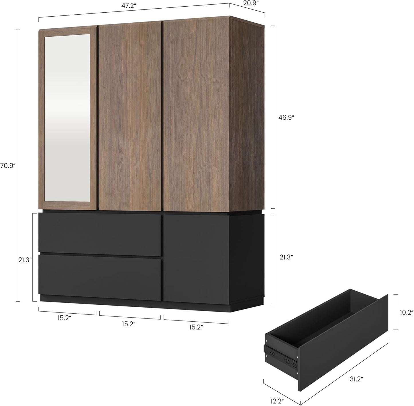Whisper Series 71" Wardrobe with Mirror & Drawers