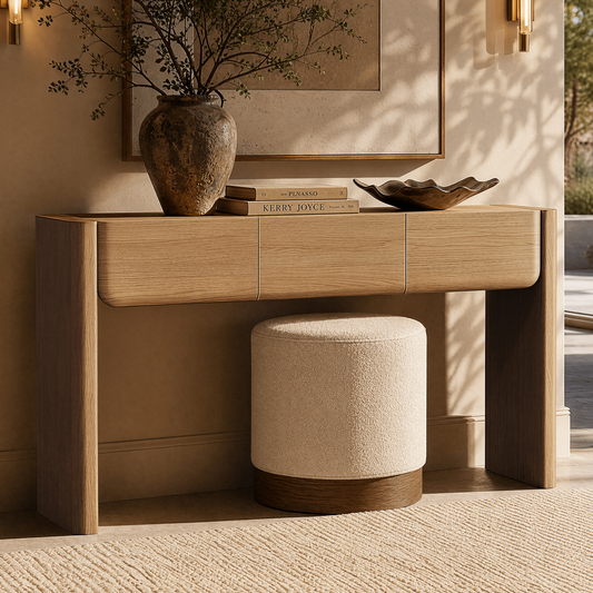 Wood-toned console table and stool in a furnished room