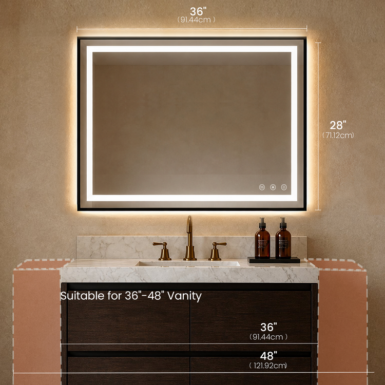 36"x28" LED Bathroom Mirror, Shatterproof Tempered Glass Anti-Fog Dimmable Vanity Mirror, Black Framed