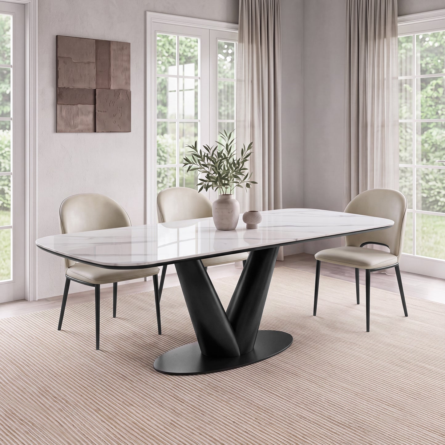 78" Glossy Sintered Stone Dining Table – Snow Mountain Pattern with V-Shaped Metal Base (6-8 Seater)
