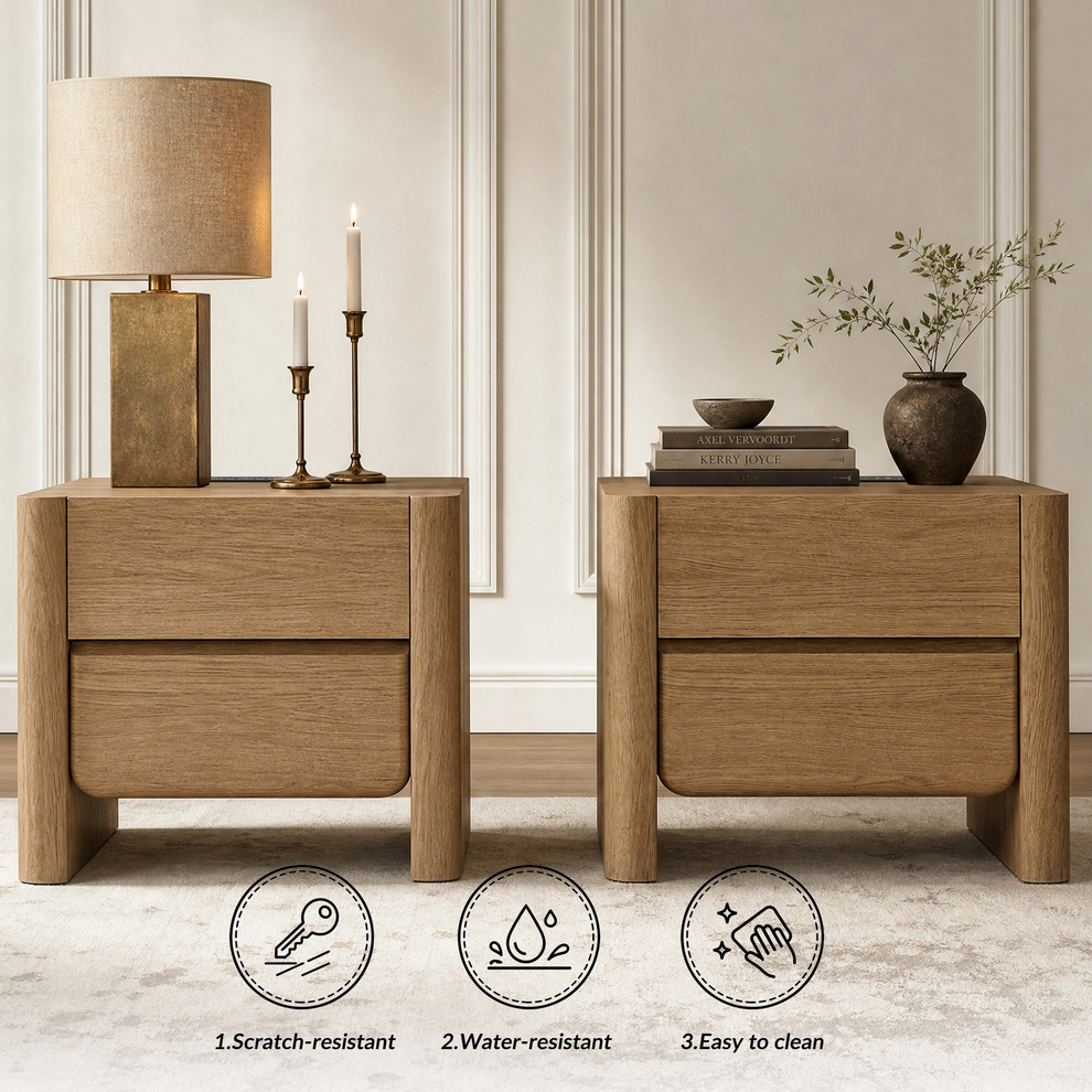 26 Inch Curved Edge Nightstands with Charging Station, Set of 2