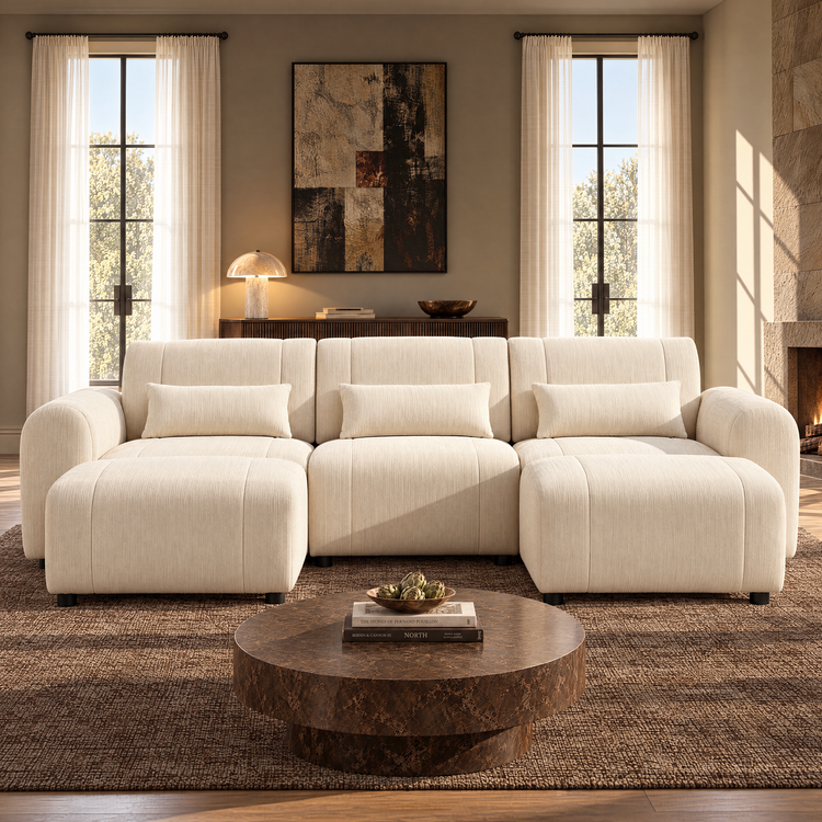 Cream sofa with rounded arms, three back cushions and matching pillows, with two matching ottomans in front, facing a round brown coffee table in a sunlit living room.