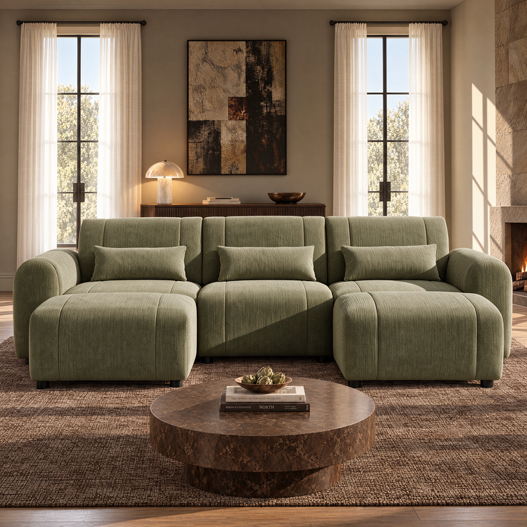 Pale green sofa with rounded arms, three matching cushions and extended seats at both ends, facing a round brown coffee table in a sunlit living room.