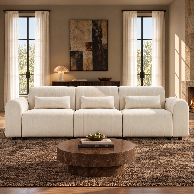 Cream three-seat sofa with rounded arms and three rectangular pillows in a sunlit living room with a round brown coffee table, patterned rug, abstract wall art and sheer curtains.