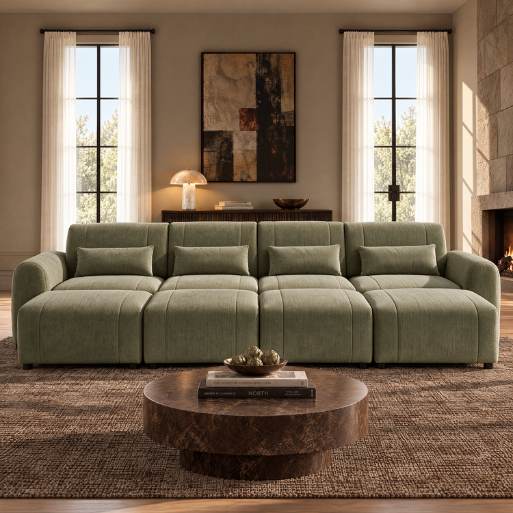 Pale green four-seat sofa with rounded arms and four matching pillows in a living room with a round brown coffee table, curtained windows, abstract wall art and a lit fireplace.