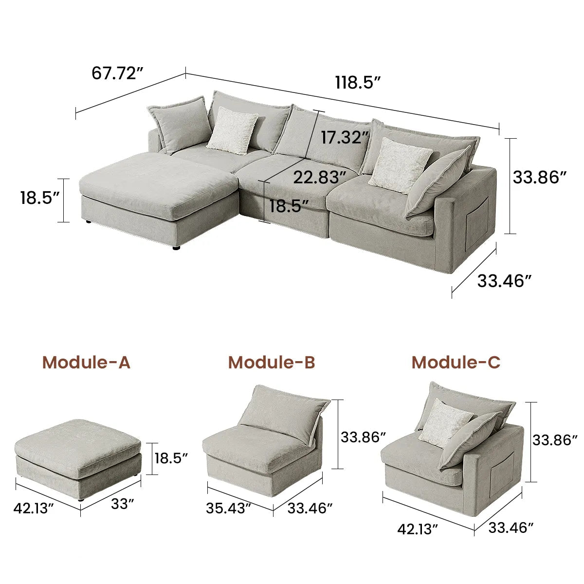 Silas 3-Seat Mist Sectional Sofa