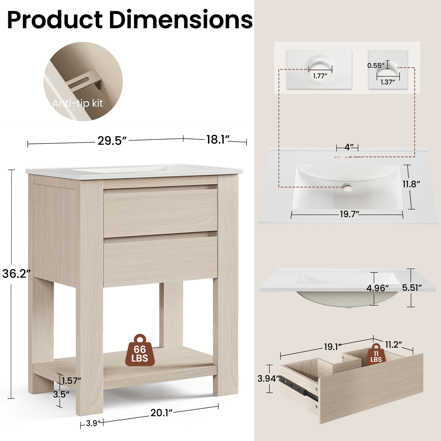 Nolan 30" White Oak Freestanding Vanity with 2 Drawers & Integrated Sink