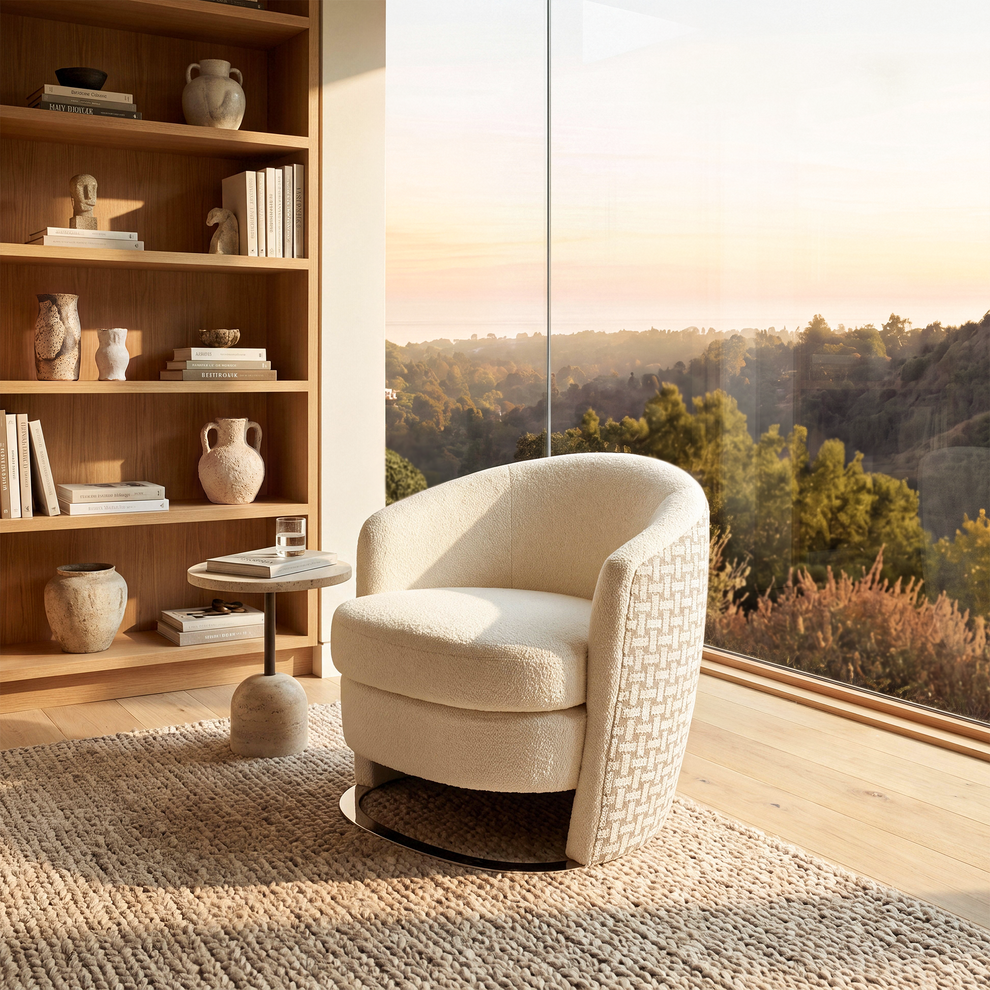 [Pre-sale]30.7" Modern Barrel Accent Chair in Beige, Curved Wrap-Around Backrest, Thick Spring Cushion