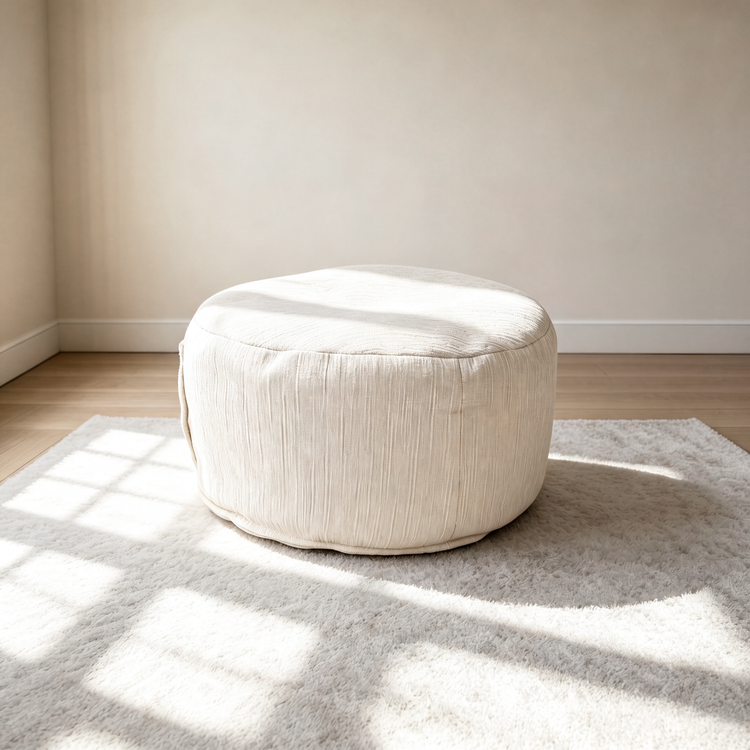 [Pre-Sale] 31.5-Inch Wide 2-Piece Round Coffee Table and Ottoman Set - Roman Travertine Top, White Ash Veneer and Ivory Chenille