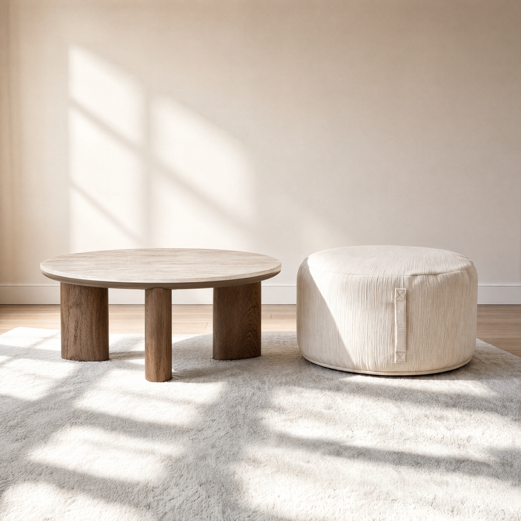 [Pre-Sale] 31.5-Inch Wide 2-Piece Round Coffee Table and Ottoman Set - Roman Travertine Top, White Ash Veneer and Ivory Chenille