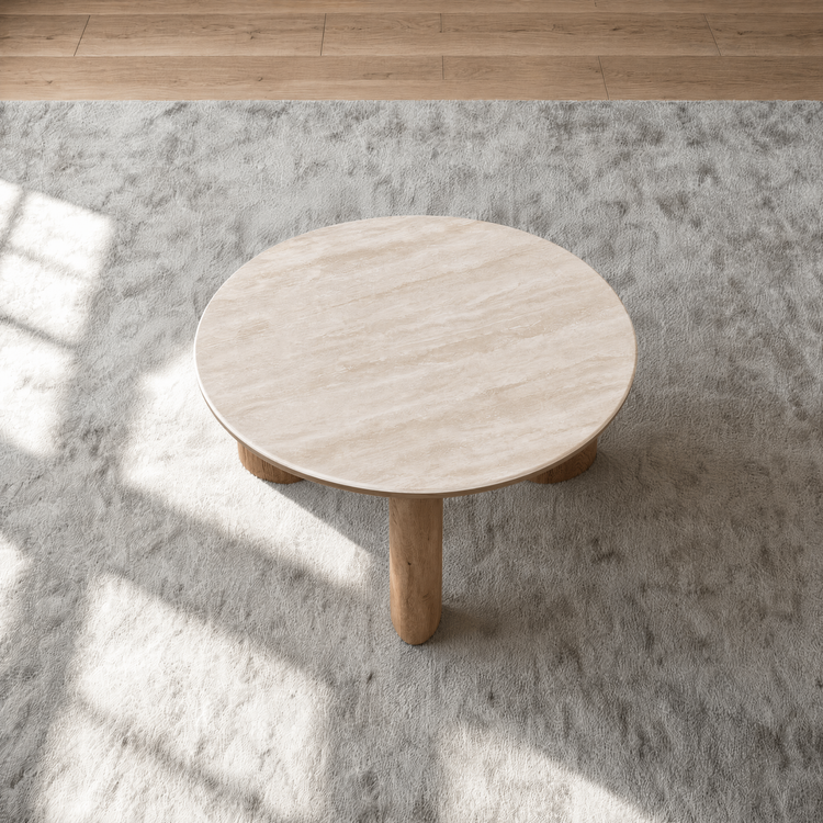 [Pre-Sale] 31.5-Inch Wide 2-Piece Round Coffee Table and Ottoman Set - Roman Travertine Top, White Ash Veneer and Ivory Chenille