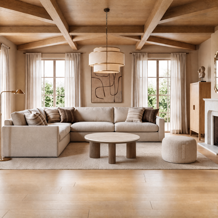 [Pre-Sale] 31.5-Inch Wide 2-Piece Round Coffee Table and Ottoman Set - Roman Travertine Top, White Ash Veneer and Ivory Chenille