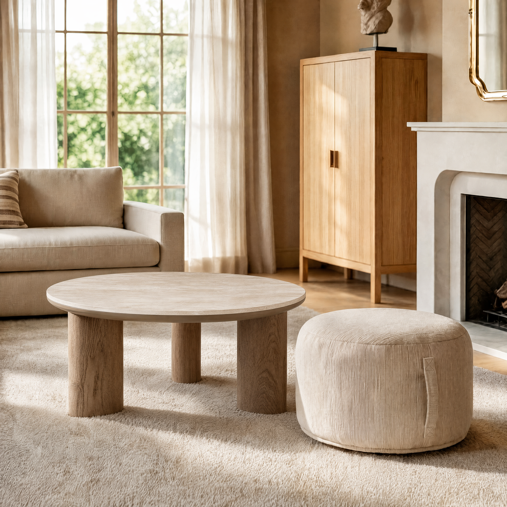 [Pre-Sale] 31.5-Inch Wide 2-Piece Round Coffee Table and Ottoman Set - Roman Travertine Top, White Ash Veneer and Ivory Chenille