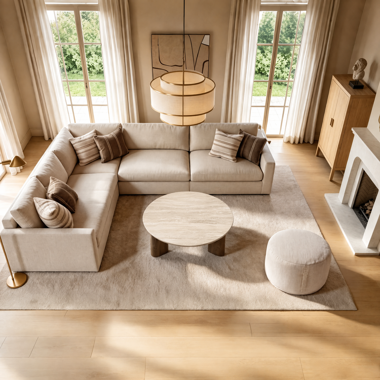[Pre-Sale] 31.5-Inch Wide 2-Piece Round Coffee Table and Ottoman Set - Roman Travertine Top, White Ash Veneer and Ivory Chenille
