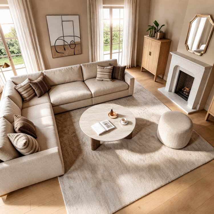 [Pre-Sale] 31.5-Inch Wide 2-Piece Round Coffee Table and Ottoman Set - Roman Travertine Top, White Ash Veneer and Ivory Chenille