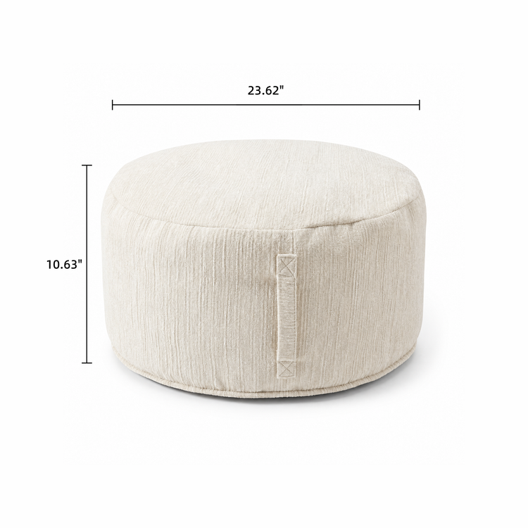 [Pre-Sale] 31.5-Inch Wide 2-Piece Round Coffee Table and Ottoman Set - Roman Travertine Top, White Ash Veneer and Ivory Chenille