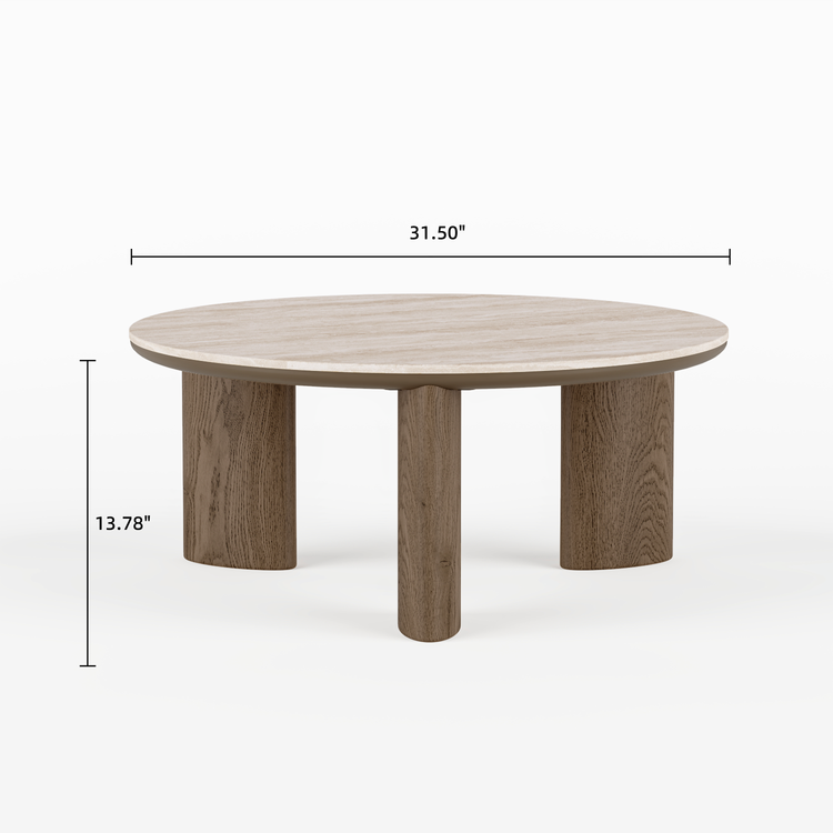[Pre-Sale] 31.5-Inch Wide 2-Piece Round Coffee Table and Ottoman Set - Roman Travertine Top, White Ash Veneer and Ivory Chenille