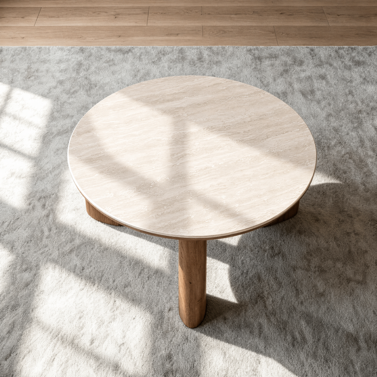 [Pre-Sale] 31.5-Inch Wide 2-Piece Round Coffee Table and Ottoman Set - Roman Travertine Top, White Ash Veneer and Ivory Chenille