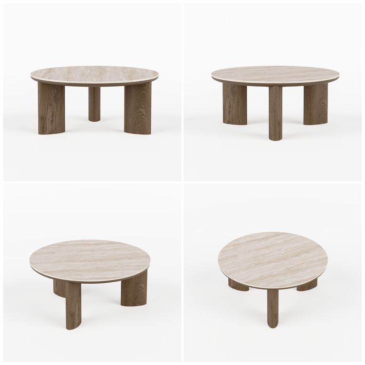 [Pre-Sale] 31.5-Inch Wide 2-Piece Round Coffee Table and Ottoman Set - Roman Travertine Top, White Ash Veneer and Ivory Chenille