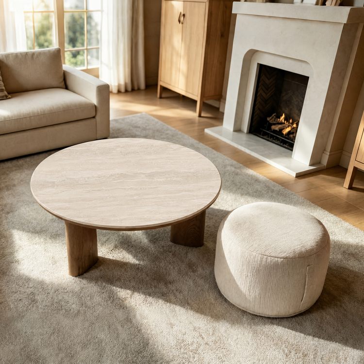[Pre-Sale] 31.5-Inch Wide 2-Piece Round Coffee Table and Ottoman Set - Roman Travertine Top, White Ash Veneer and Ivory Chenille