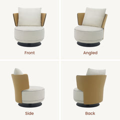 Four labeled views show a cream swivel accent chair with wood side panels from different angles