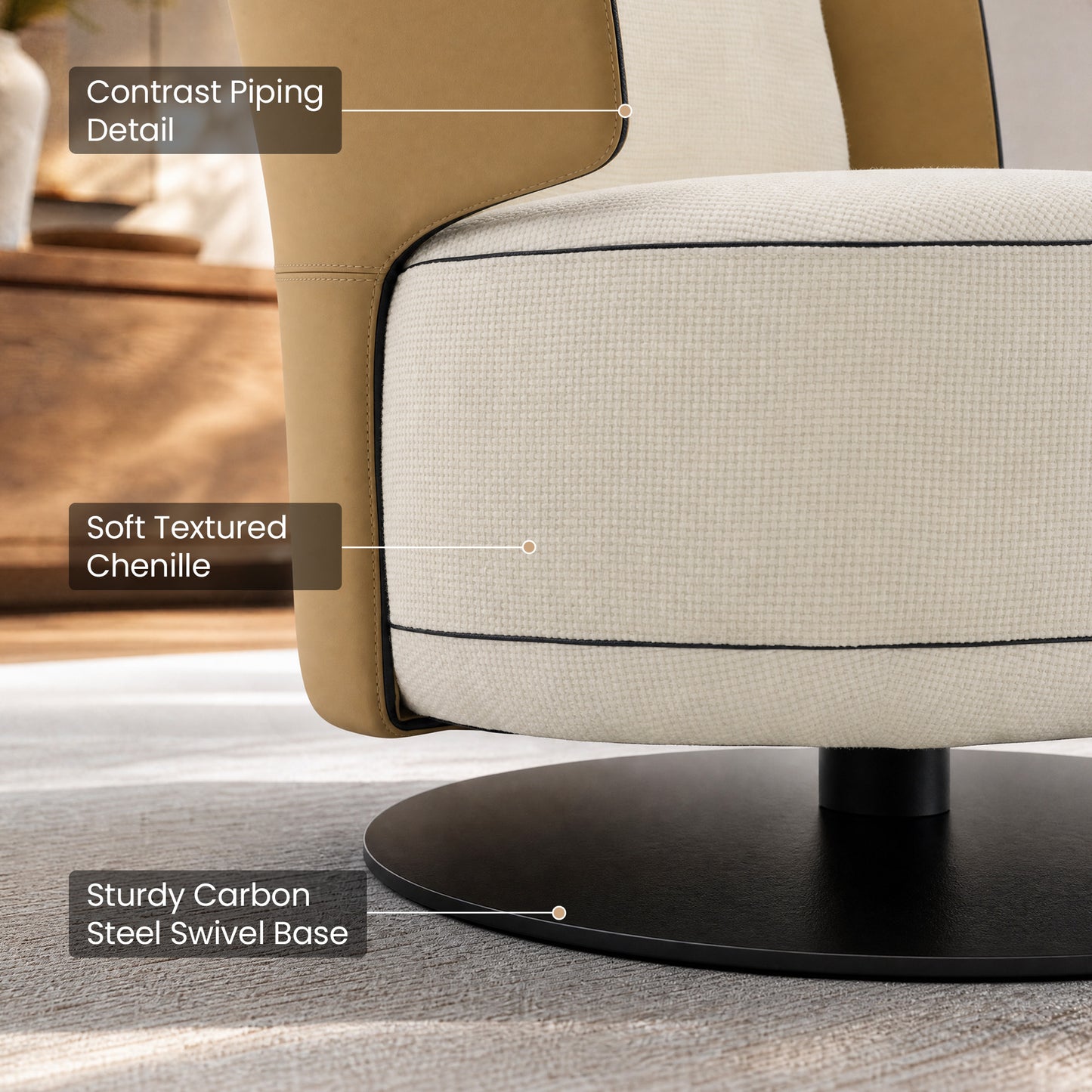 [Pre-Sale] 31.5-Inch Wide Cove 360-Degree Swivel Accent Chair - Ivory Textured Chenille with Caramel Wingback for Living Room