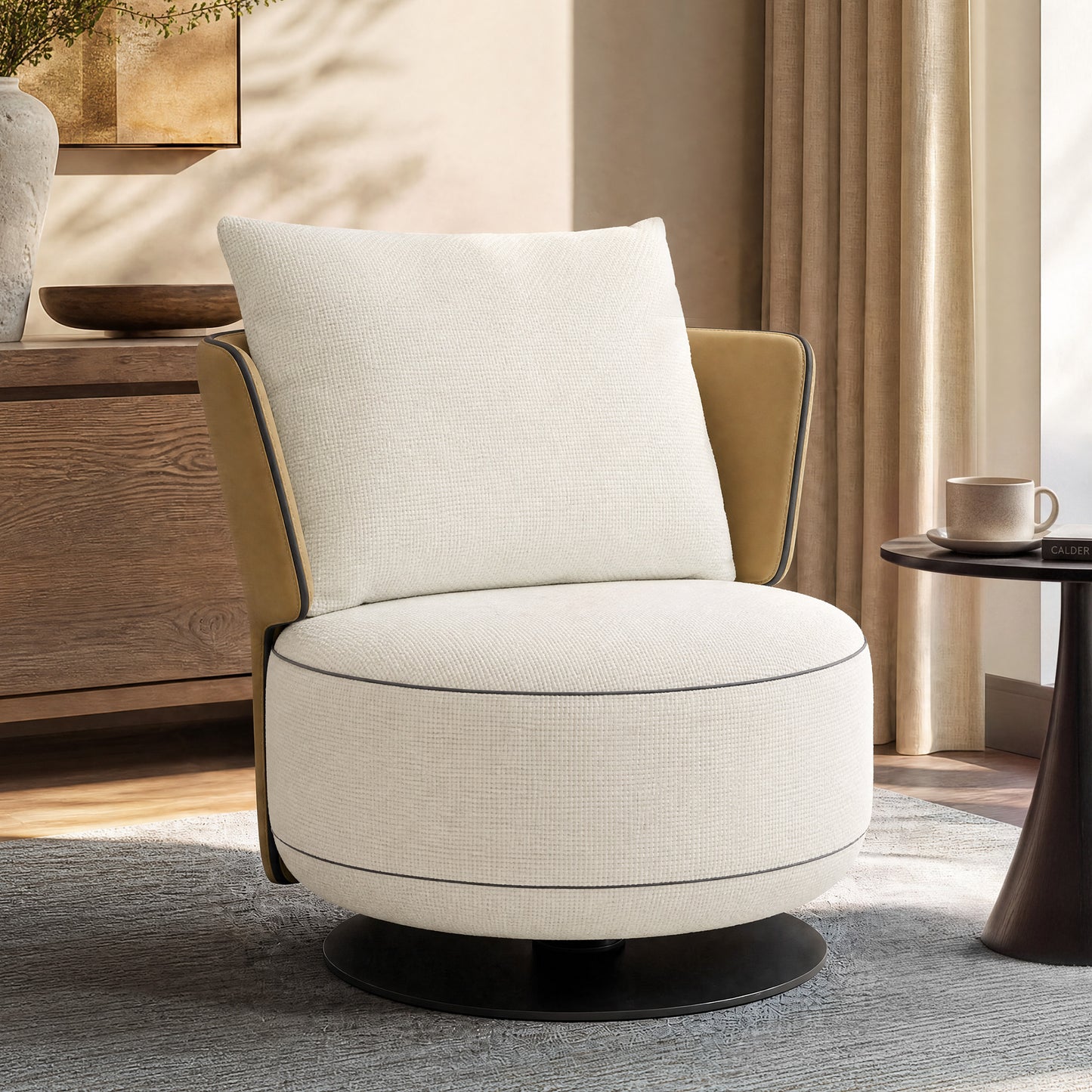 [Pre-Sale] 31.5-Inch Wide Cove 360-Degree Swivel Accent Chair - Ivory Textured Chenille with Caramel Wingback for Living Room
