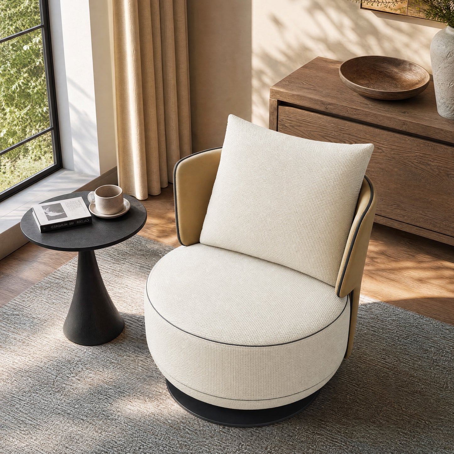 [Pre-Sale] 31.5-Inch Wide Cove 360-Degree Swivel Accent Chair - Ivory Textured Chenille with Caramel Wingback for Living Room