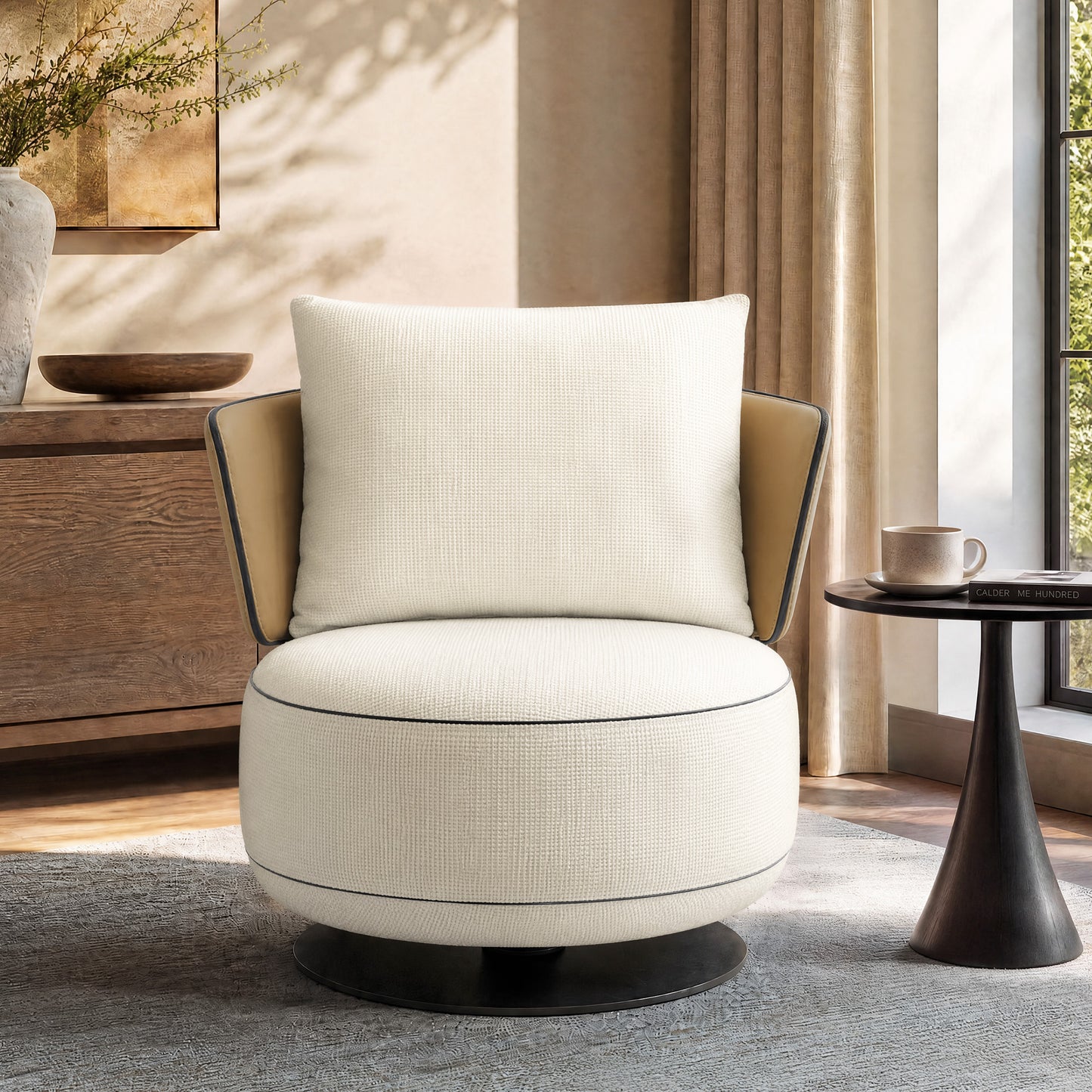 [Pre-Sale] 31.5-Inch Wide Cove 360-Degree Swivel Accent Chair - Ivory Textured Chenille with Caramel Wingback for Living Room