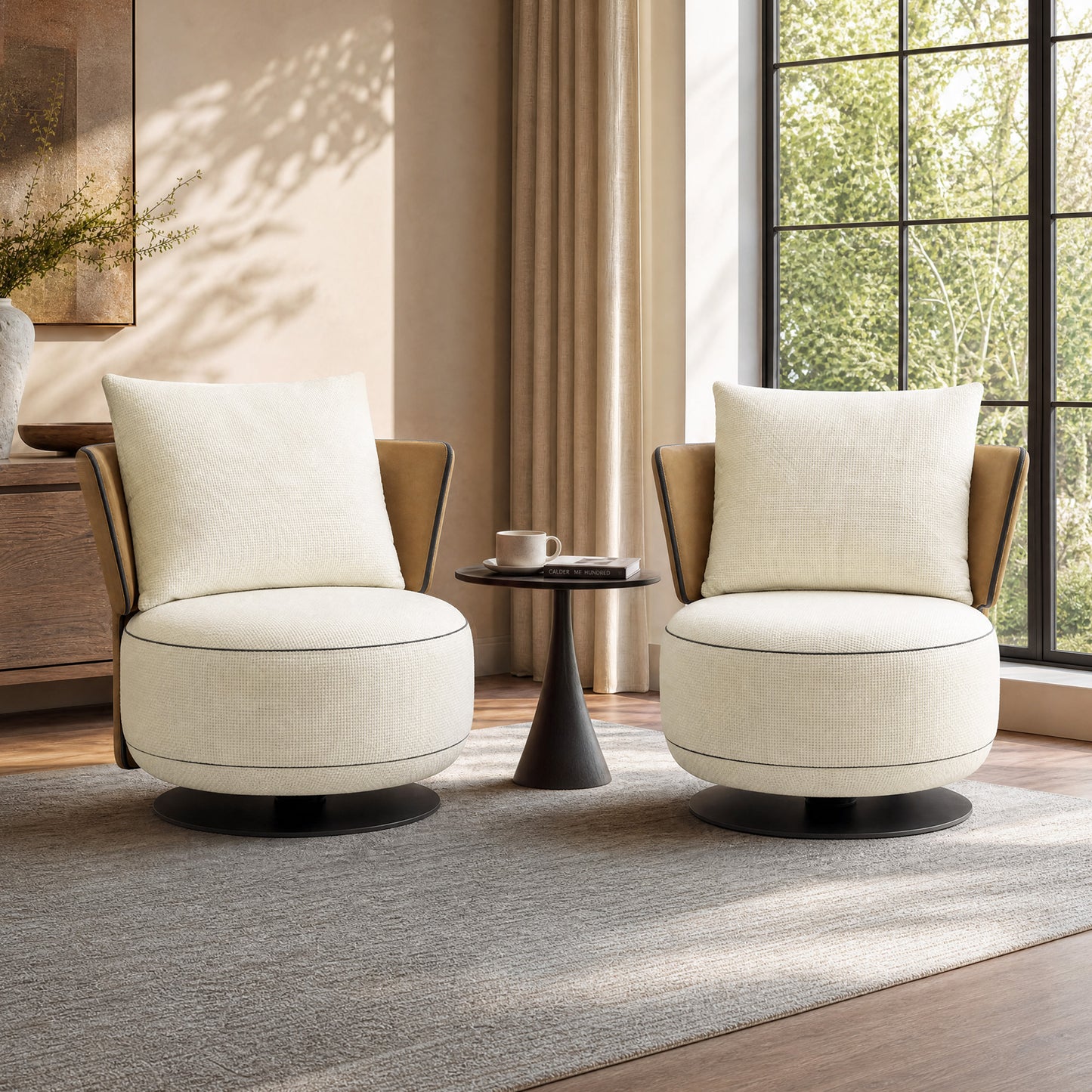 [Pre-Sale] 31.5-Inch Wide Cove 360-Degree Swivel Accent Chair - Ivory Textured Chenille with Caramel Wingback for Living Room