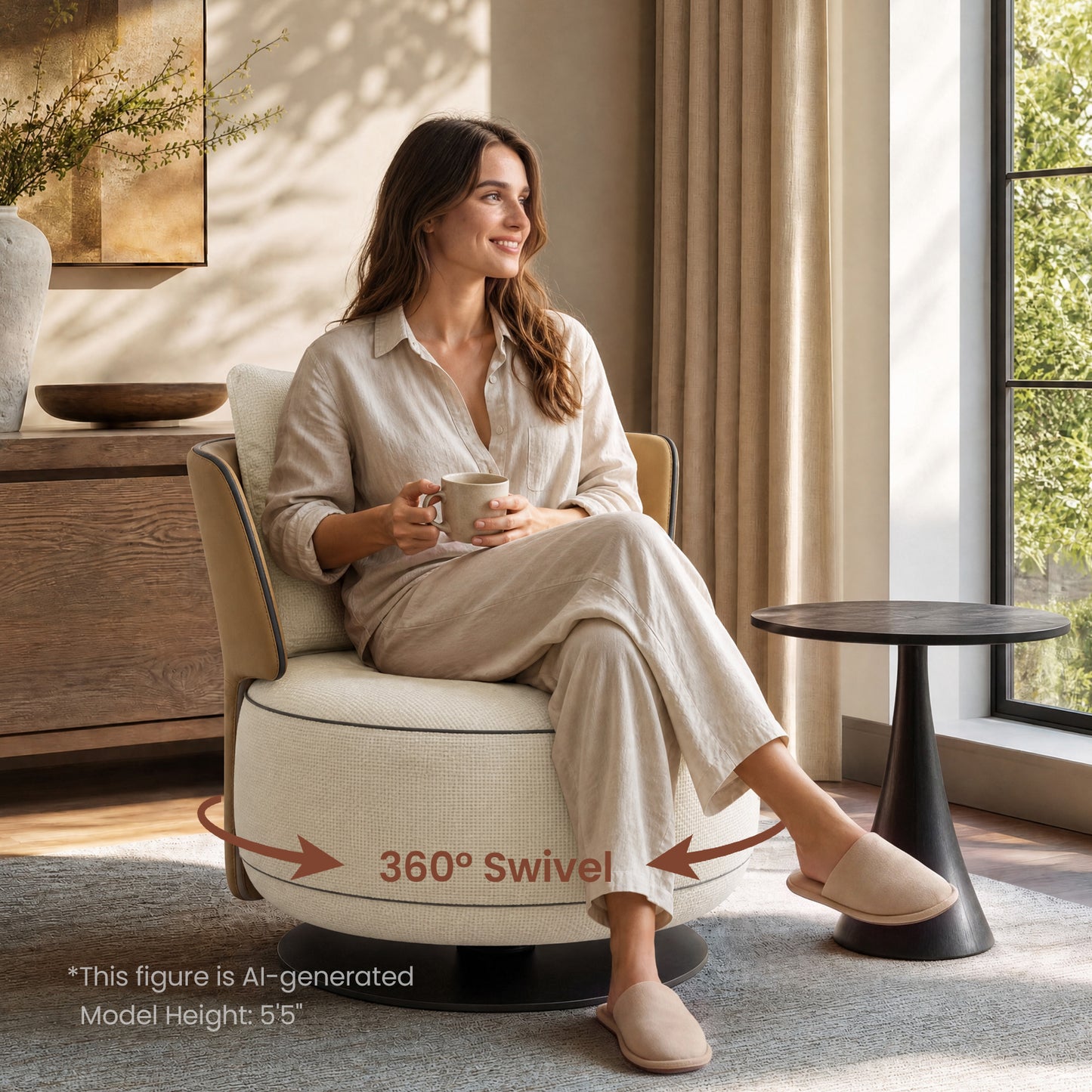 [Pre-Sale] 31.5-Inch Wide Cove 360-Degree Swivel Accent Chair - Ivory Textured Chenille with Caramel Wingback for Living Room