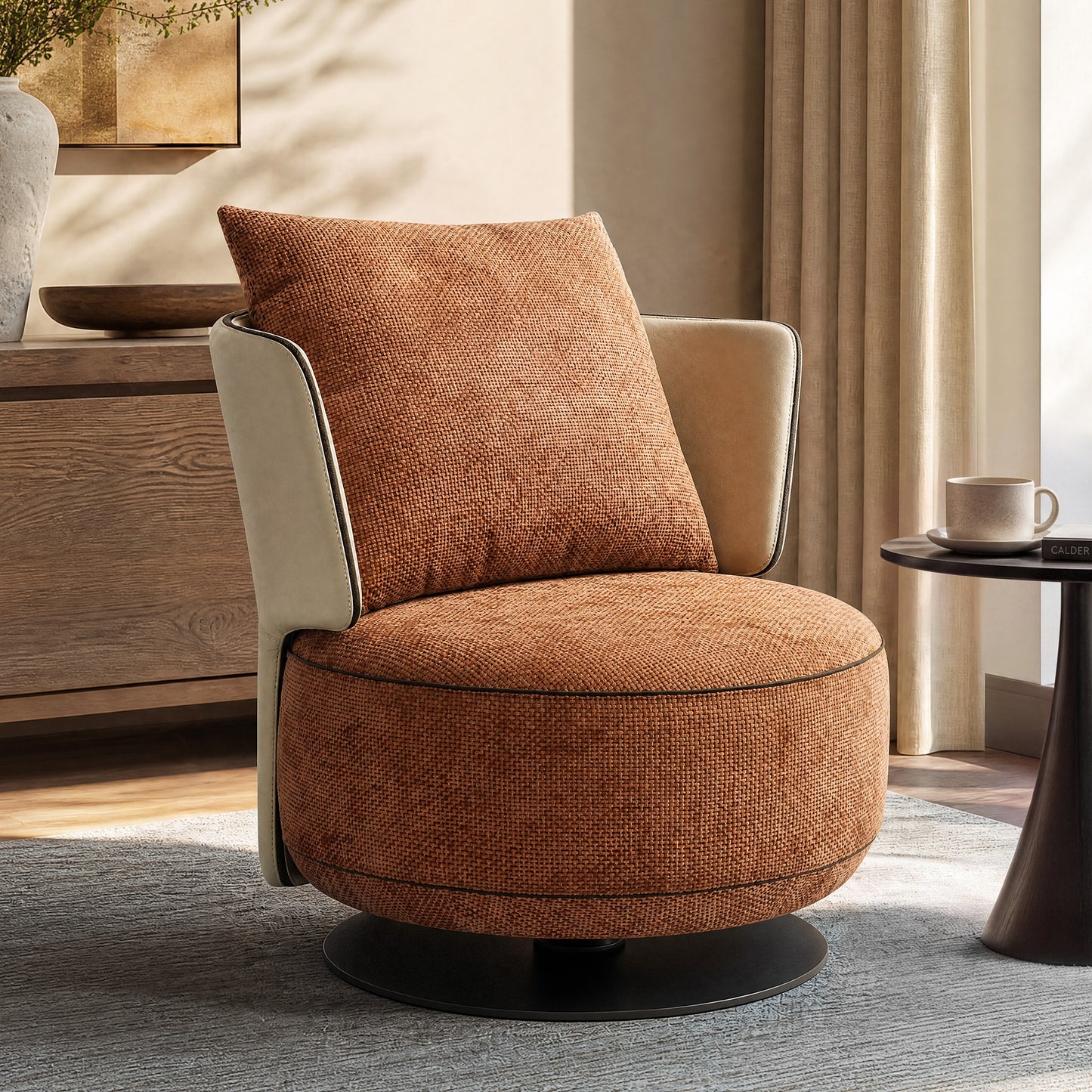 [Pre-Sale] 31.5-Inch Wide Cove 360-Degree Swivel Accent Chair - Rust Brown Textured Chenille with Ivory Wingback for Living Room