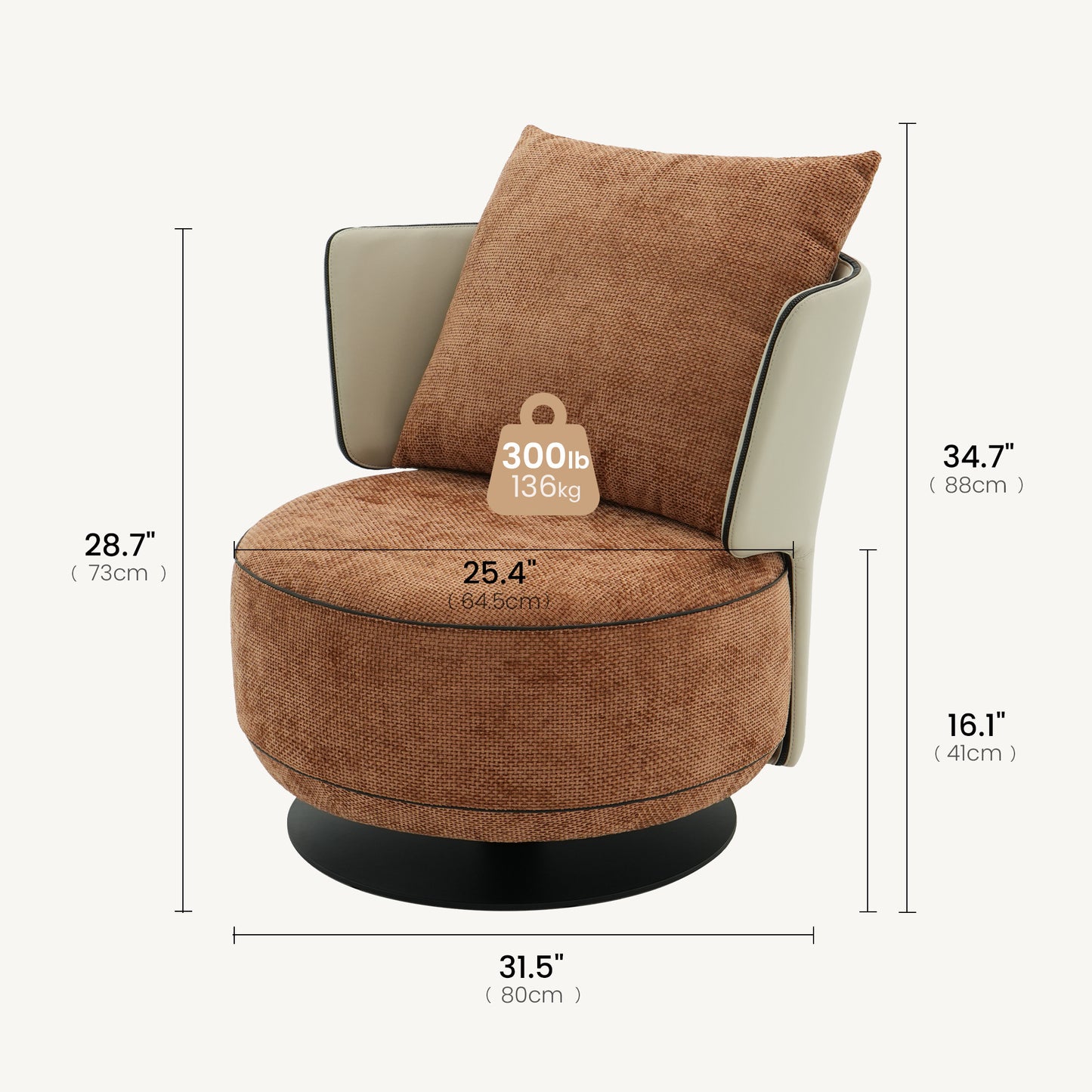 [Pre-Sale] 31.5-Inch Wide Cove 360-Degree Swivel Accent Chair - Rust Brown Textured Chenille with Ivory Wingback for Living Room