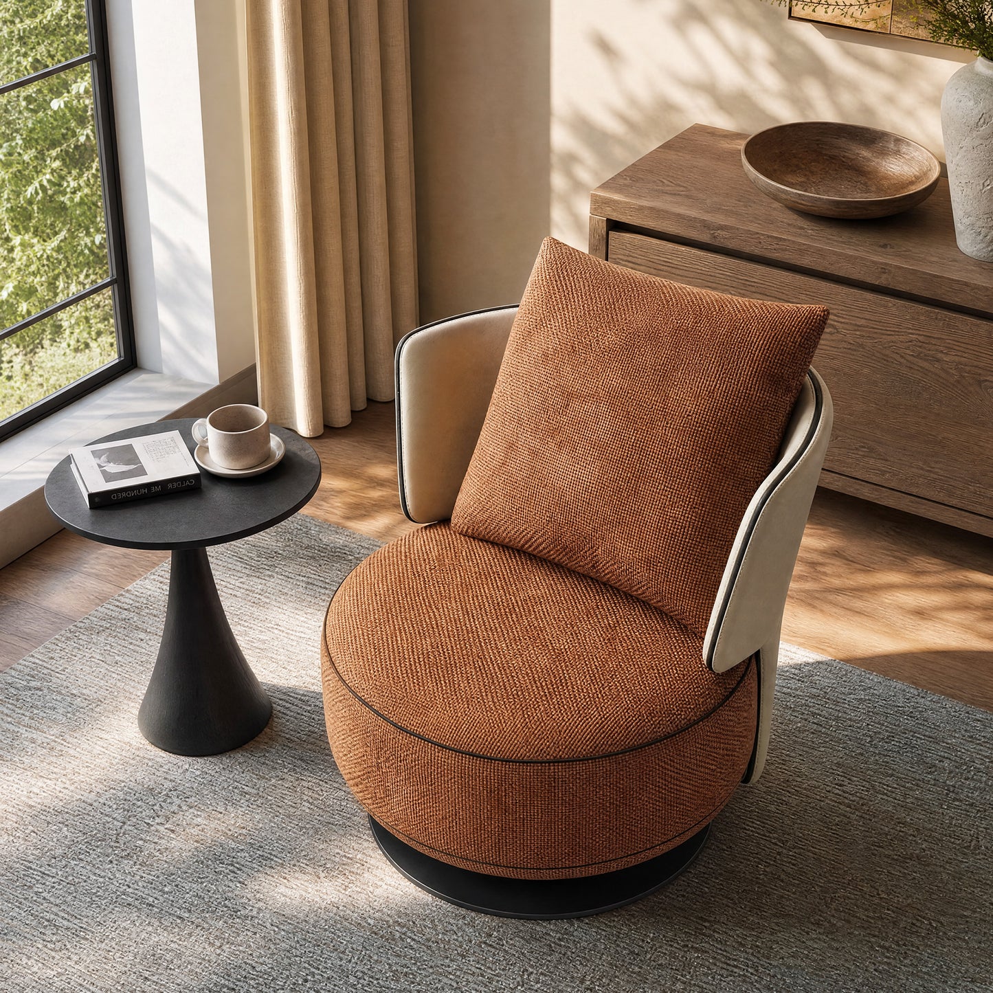[Pre-Sale] 31.5-Inch Wide Cove 360-Degree Swivel Accent Chair - Rust Brown Textured Chenille with Ivory Wingback for Living Room
