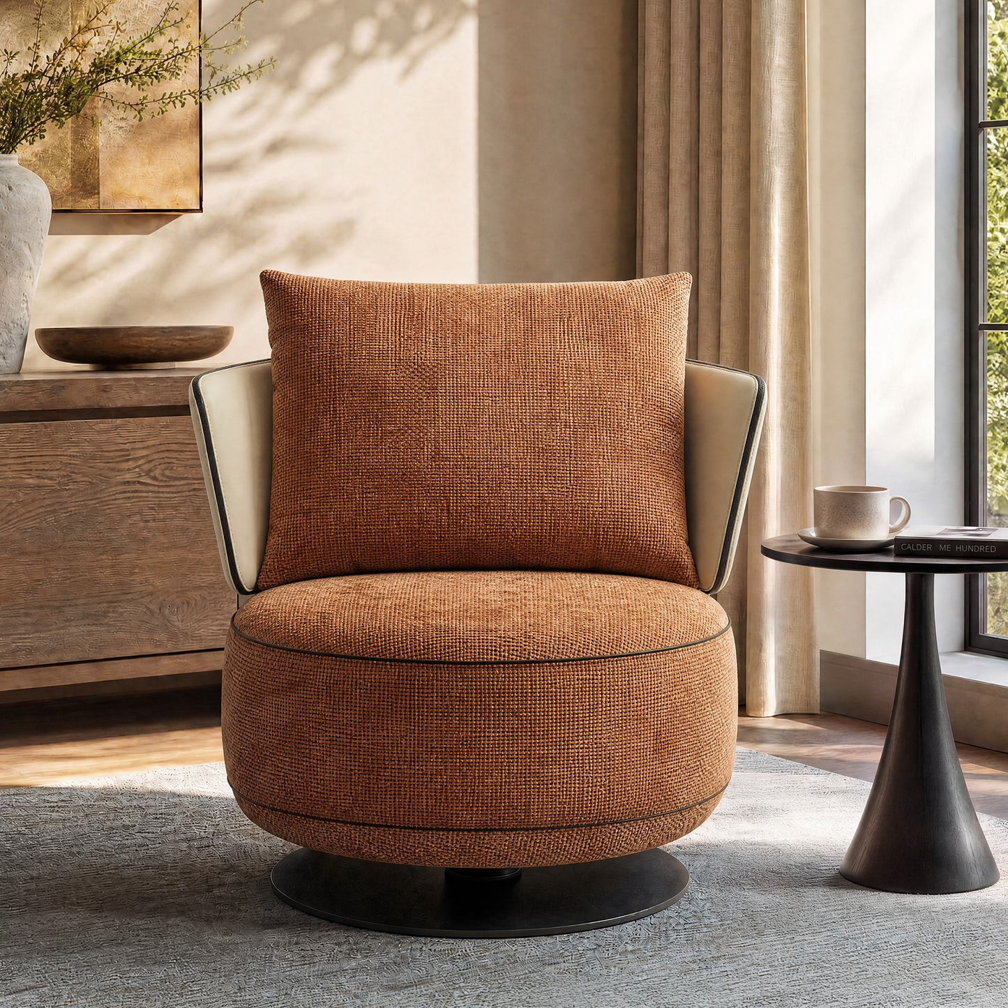 [Pre-Sale] 31.5-Inch Wide Cove 360-Degree Swivel Accent Chair - Rust Brown Textured Chenille with Ivory Wingback for Living Room