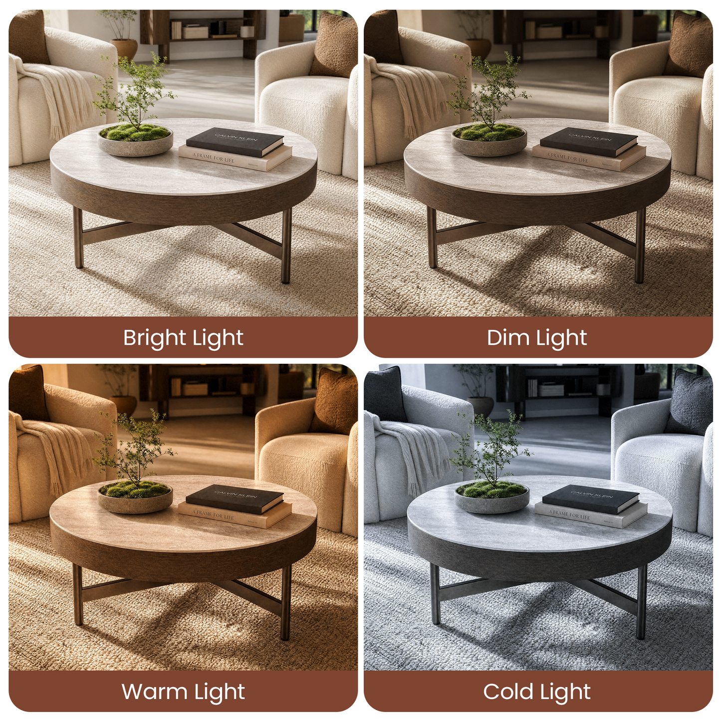 [Pre-Sale] 31.5-Inch Wide Round Coffee Table with Travertine-Look Sintered Stone Top, Wood Veneer Edge and Brown Metal X-Frame