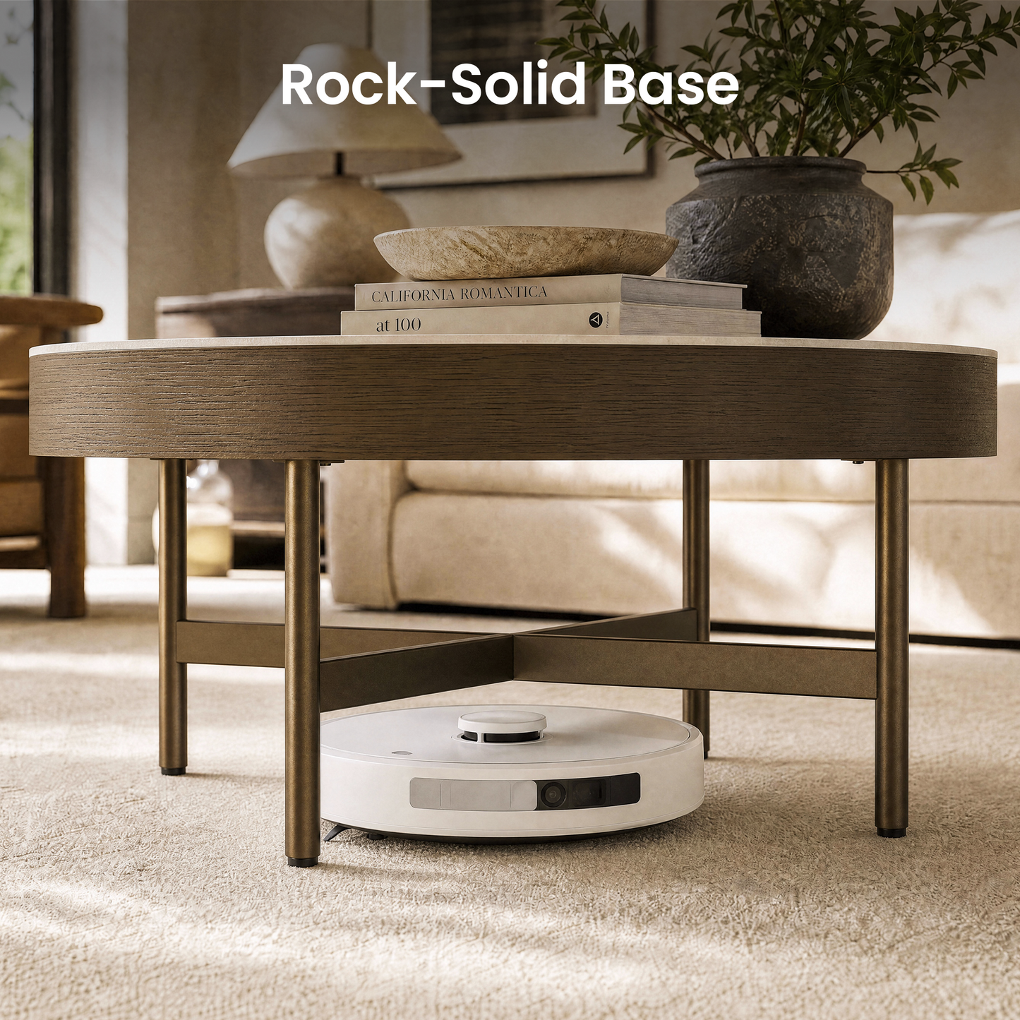 [Pre-Sale] 31.5-Inch Wide Round Coffee Table with Travertine-Look Sintered Stone Top, Wood Veneer Edge and Brown Metal X-Frame