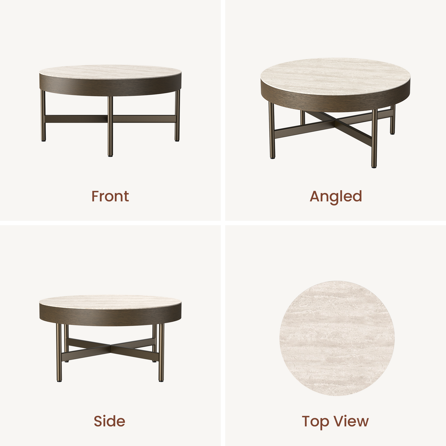 [Pre-Sale] 31.5-Inch Wide Round Coffee Table with Travertine-Look Sintered Stone Top, Wood Veneer Edge and Brown Metal X-Frame