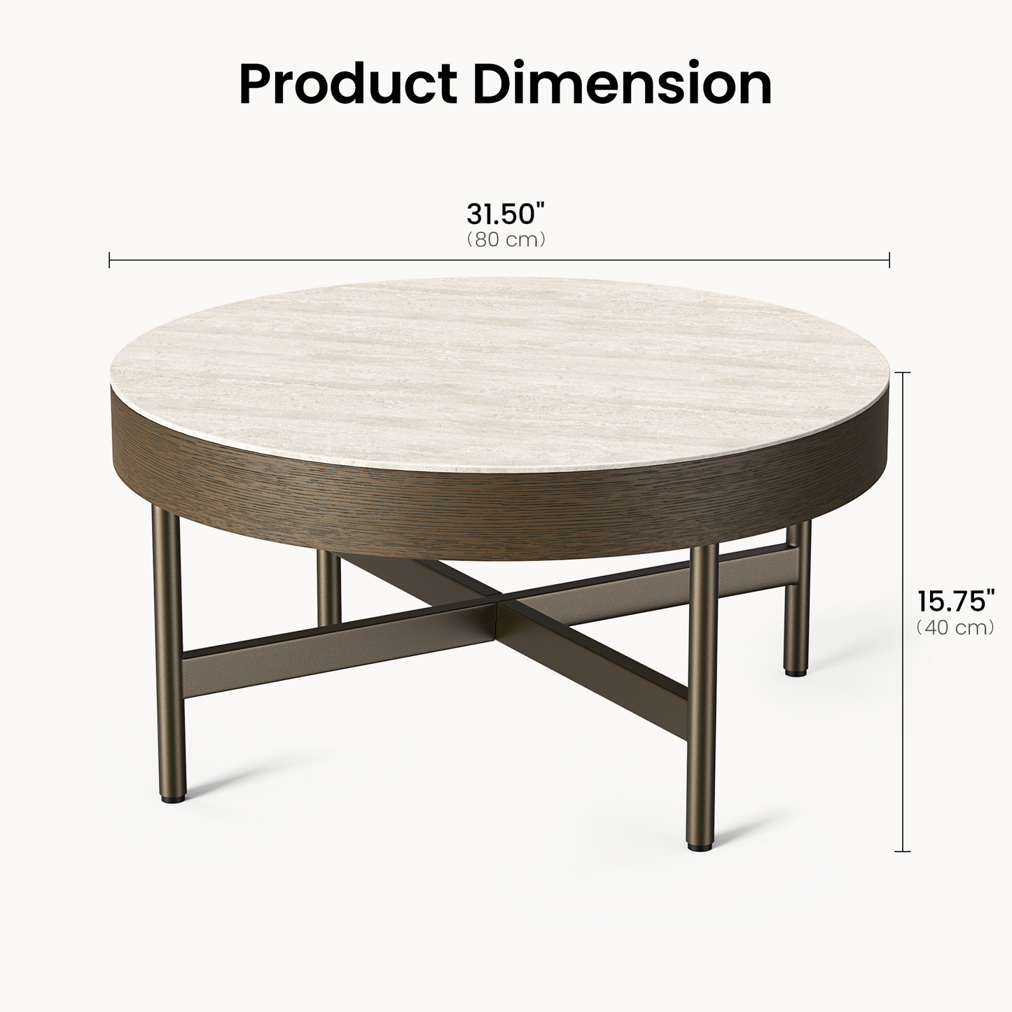 [Pre-Sale] 31.5-Inch Wide Round Coffee Table with Travertine-Look Sintered Stone Top, Wood Veneer Edge and Brown Metal X-Frame