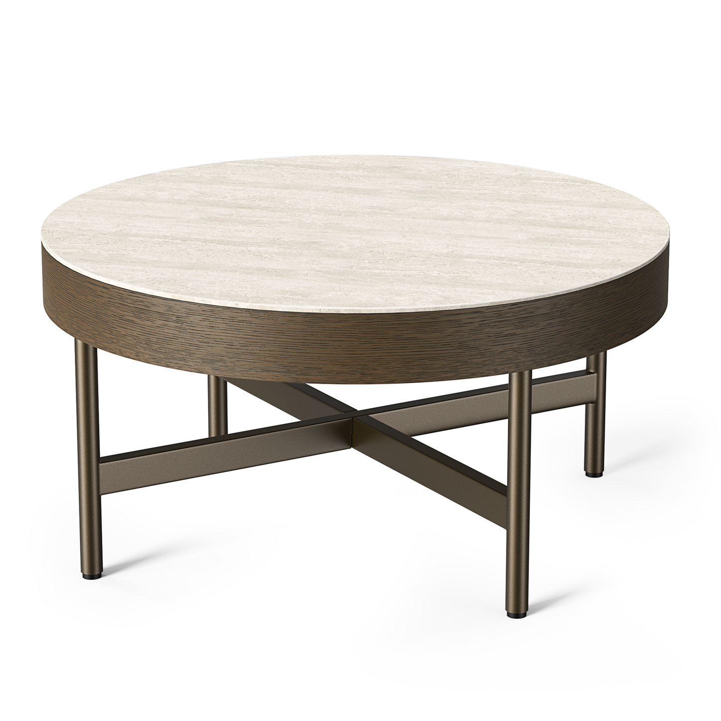 [Pre-Sale] 31.5-Inch Wide Round Coffee Table with Travertine-Look Sintered Stone Top, Wood Veneer Edge and Brown Metal X-Frame