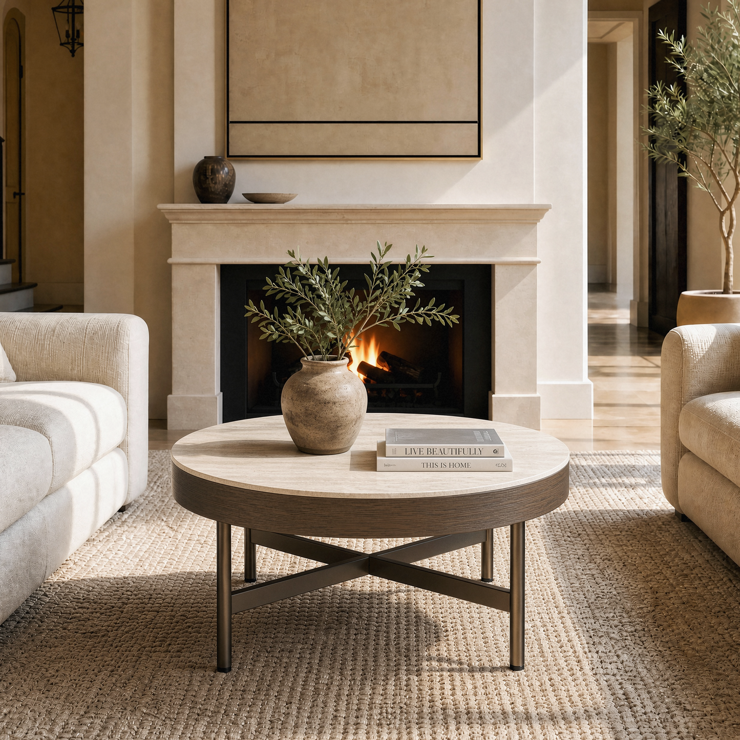 [Pre-Sale] 31.5-Inch Wide Round Coffee Table with Travertine-Look Sintered Stone Top, Wood Veneer Edge and Brown Metal X-Frame