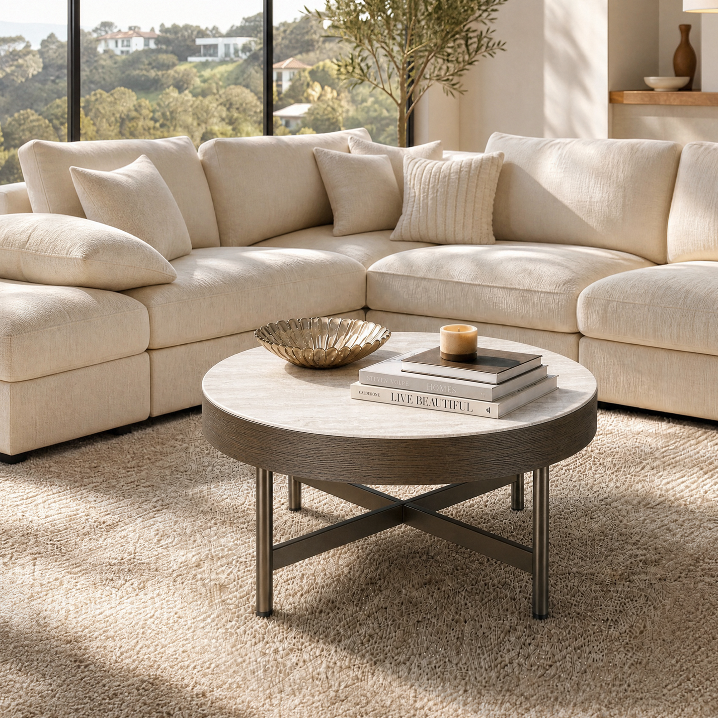 [Pre-Sale] 31.5-Inch Wide Round Coffee Table with Travertine-Look Sintered Stone Top, Wood Veneer Edge and Brown Metal X-Frame
