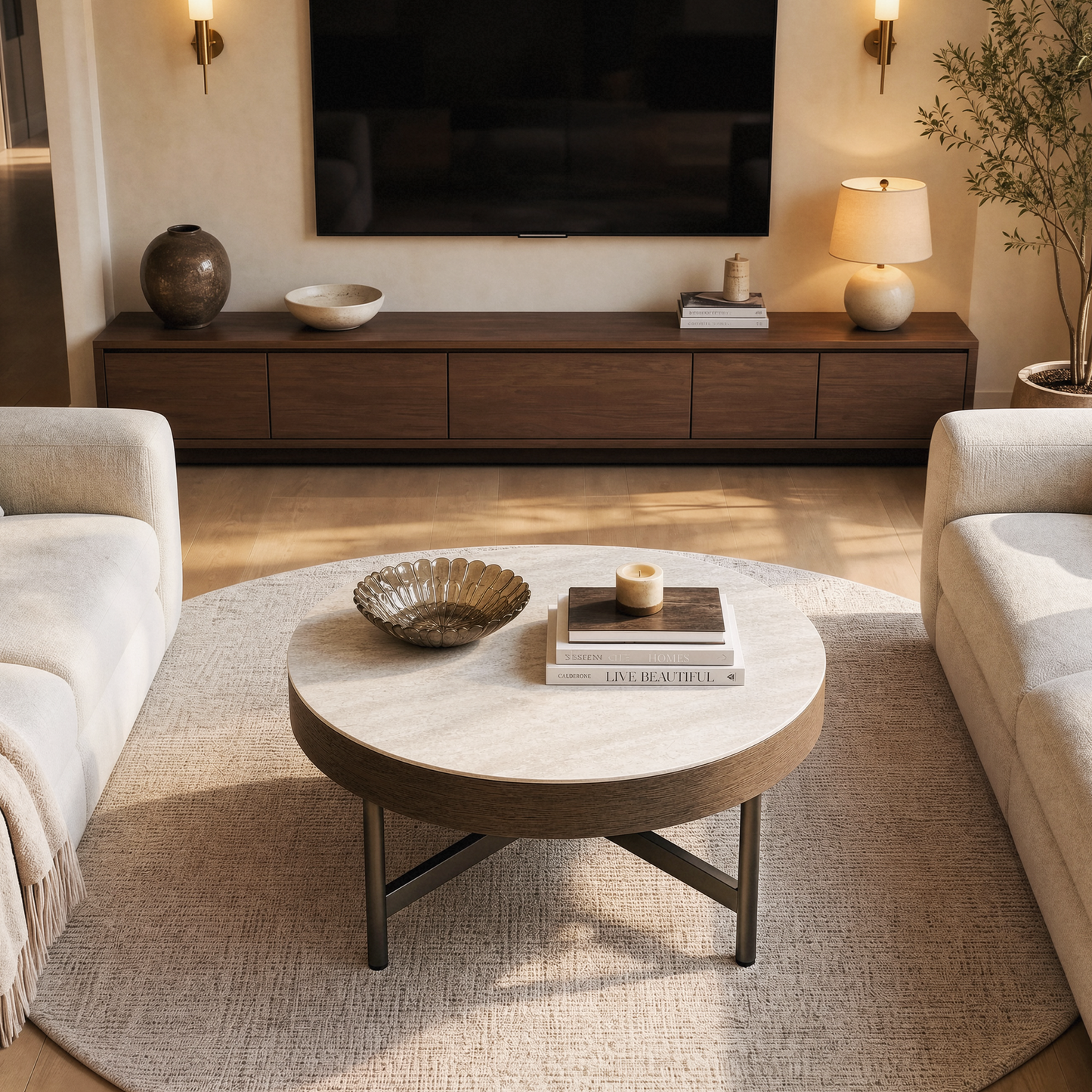 [Pre-Sale] 31.5-Inch Wide Round Coffee Table with Travertine-Look Sintered Stone Top, Wood Veneer Edge and Brown Metal X-Frame